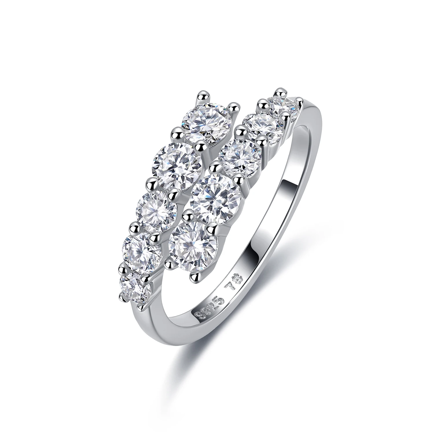 18K White Gold-Plated Silver Double-Row Moissanite Open Ring (1.2ct) For Women Gift