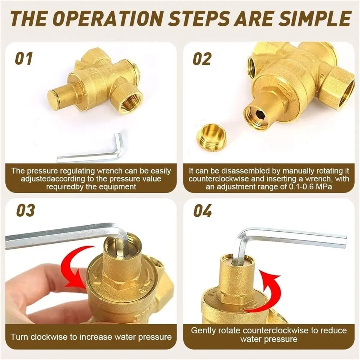 Pressure Reducing Valve, DN15 Water Pressure Regulator Water Pressure Gauge Brass with Hex Key TeflonTape