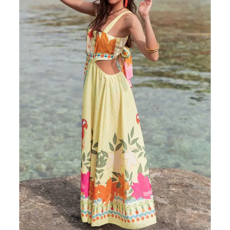 Combhasaki Vrouwen Boho Mouwloze Vierkante Hals Backless Grote Strik Gebonden Uitgeholde Bloemenprint Zomer Uitsparing A-lijn Tank Lange Jurk