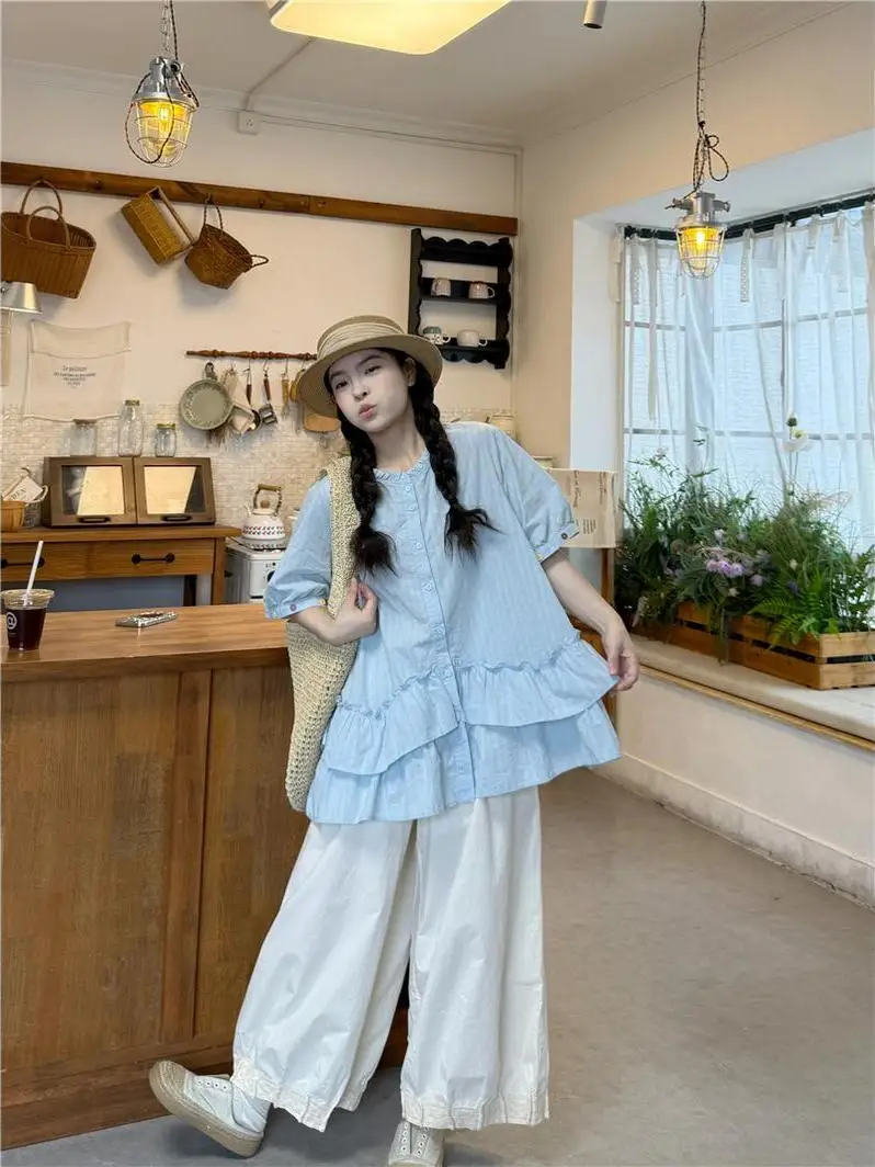 

Blue Short Sleeve Shirt Women's Summer New Style Ageless Casual Loose Fashionable Top Gentle Lace Hem Korean Style Breathable...