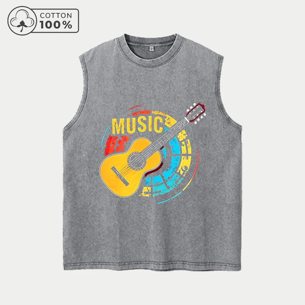 

Men's Trendy Guitar Print Distressed Washed Vest Pure Cotton Breathable T-Shirt Summer Fitness Running Casual Sleeveless Vest