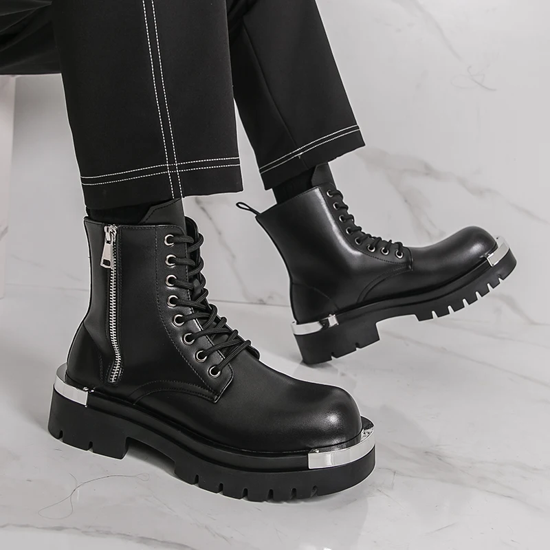 

men fashion high top motorcycle boots lace-up natural leather shoes platform long knight boot spring autumn riding botas hombre