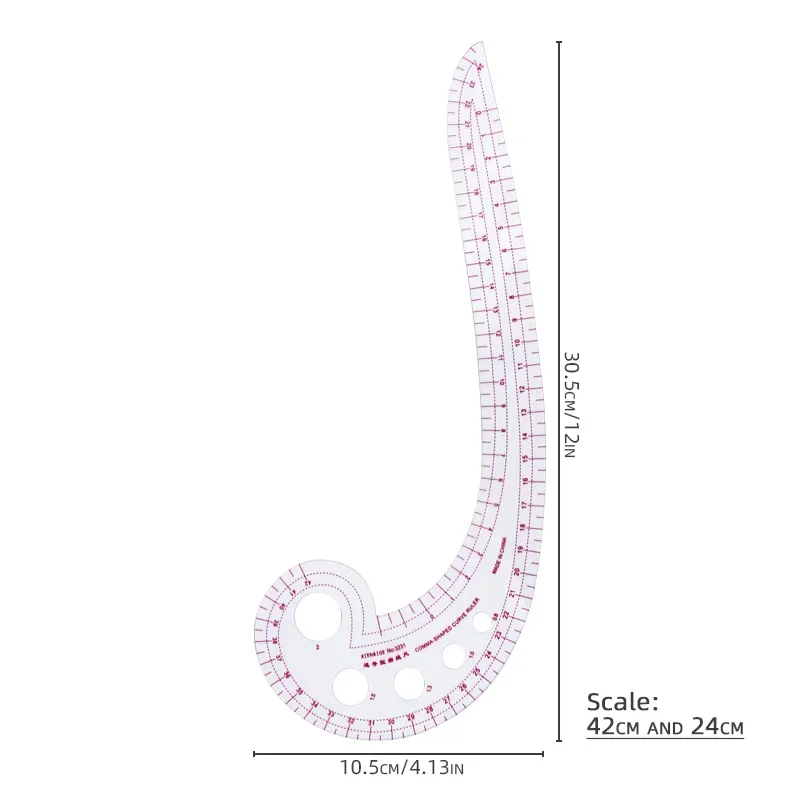 مسطرة منحنية فرنسية 42 سم، مقياس داخلي 24 سم وبلاستيك سميك 1 مم، مقياس مزدوج للخياطة والخياطة والحرف اليدوية