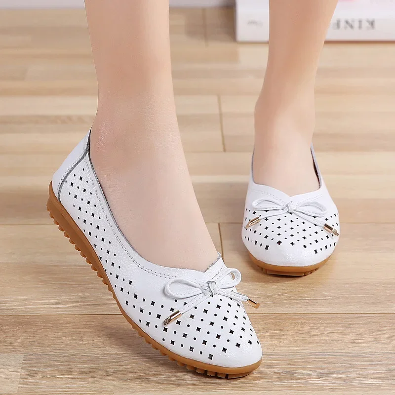 2024 summer Women Cutouts Genuine Leather Mom Shoes Comfortable Flats Nurse Casual slip-on ballet flat loafers size 35-42