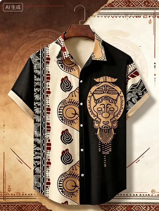 2026 Vintage African Style Men's Retro Ethnic Tribal Short Sleeve Shirts Tops Fashion Casual Streetwear Men's Shirts