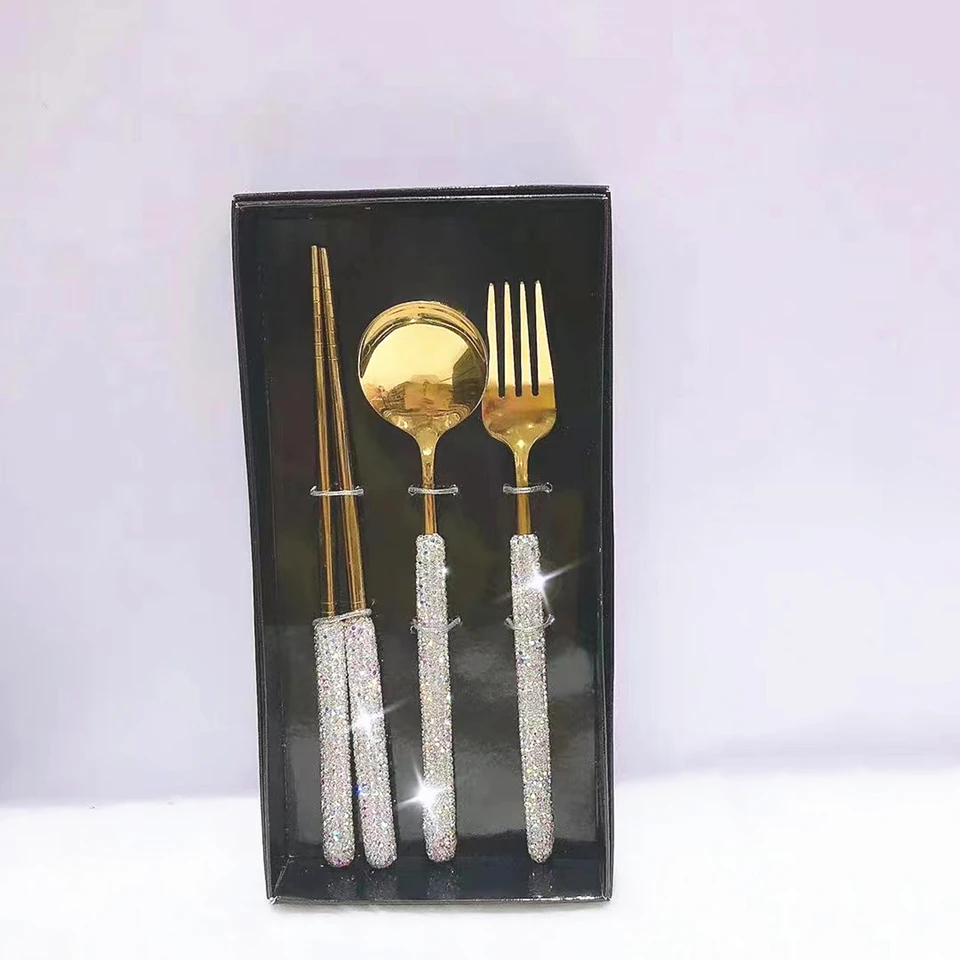 3 PC Rhinestones Gold Tableware Fork Spoon Chopsticks Reusable Long Handle Stainless Steel Portable Picnic Party Dinner Tool