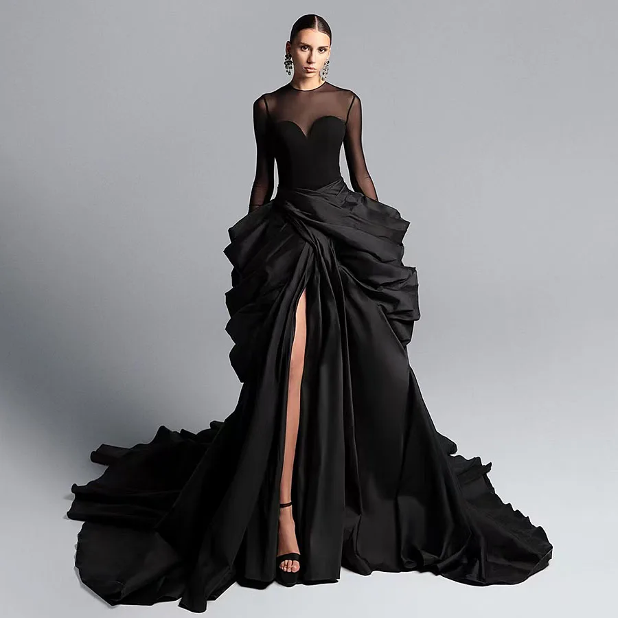 2025 Sexy Black Ladies Satin Off Shoulder Prom Dress Side Slit Puff Dress Evening Dress Cocktail Dress Lace Long Sleeve Custom