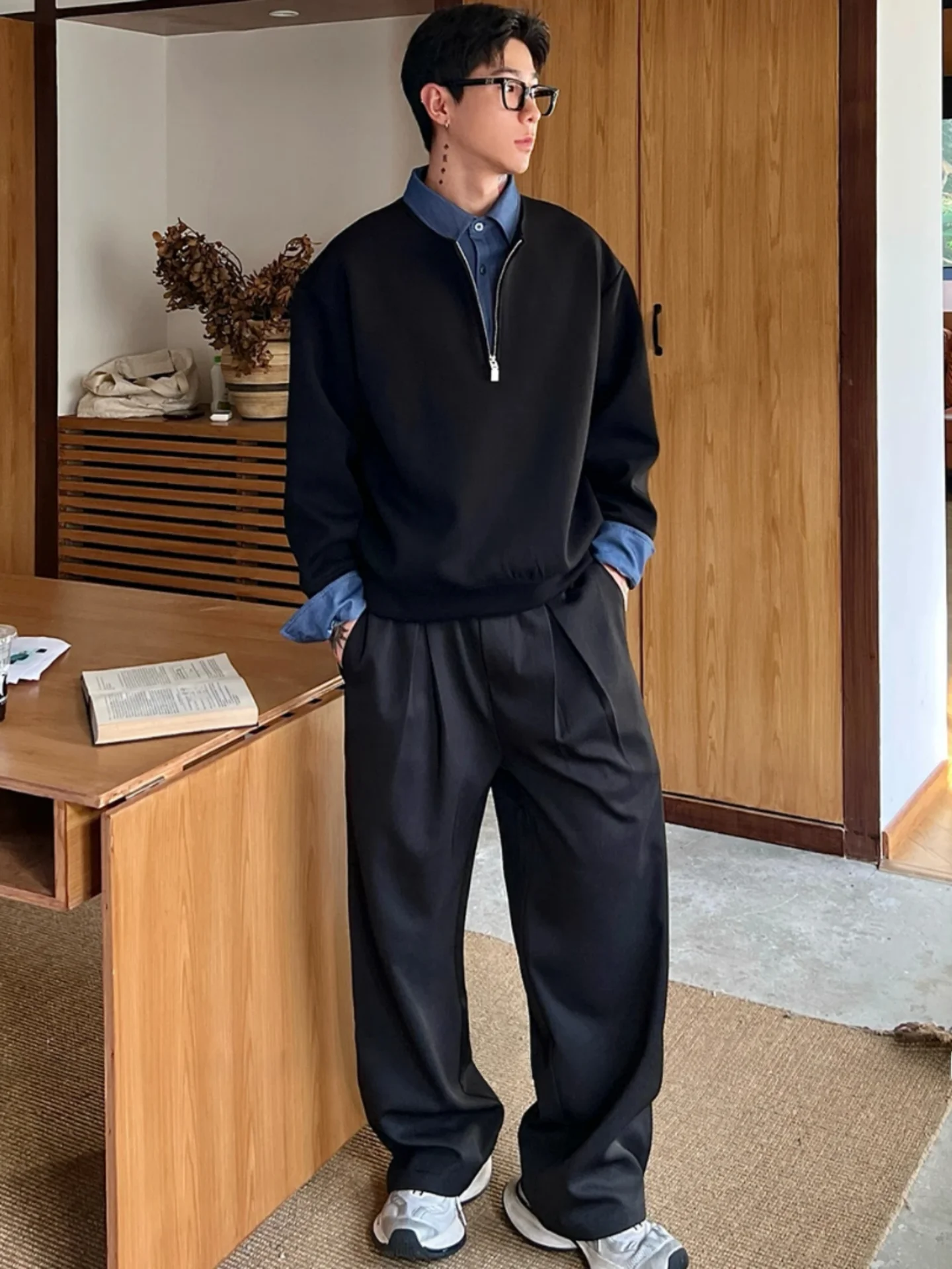 

Korean Sle Men's Casual irt Hoodie Set Winter f Zip Splice Long Pants Faionable Layered Look Couple's Clothing