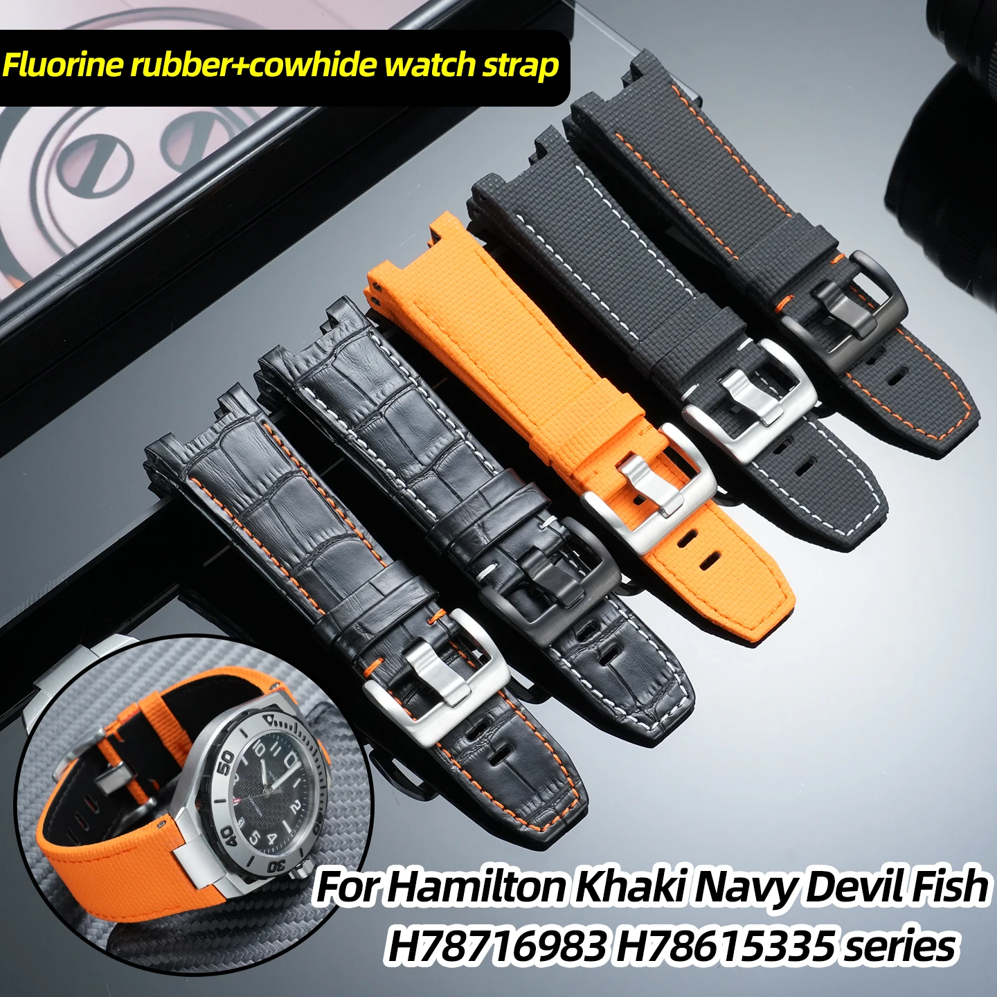 

High Quality Fluorine Rubber & Cowhide Leather Strap For Hamilton Khaki Navy Devil Fish H78716983 H78615335 Men Diving WatchBand
