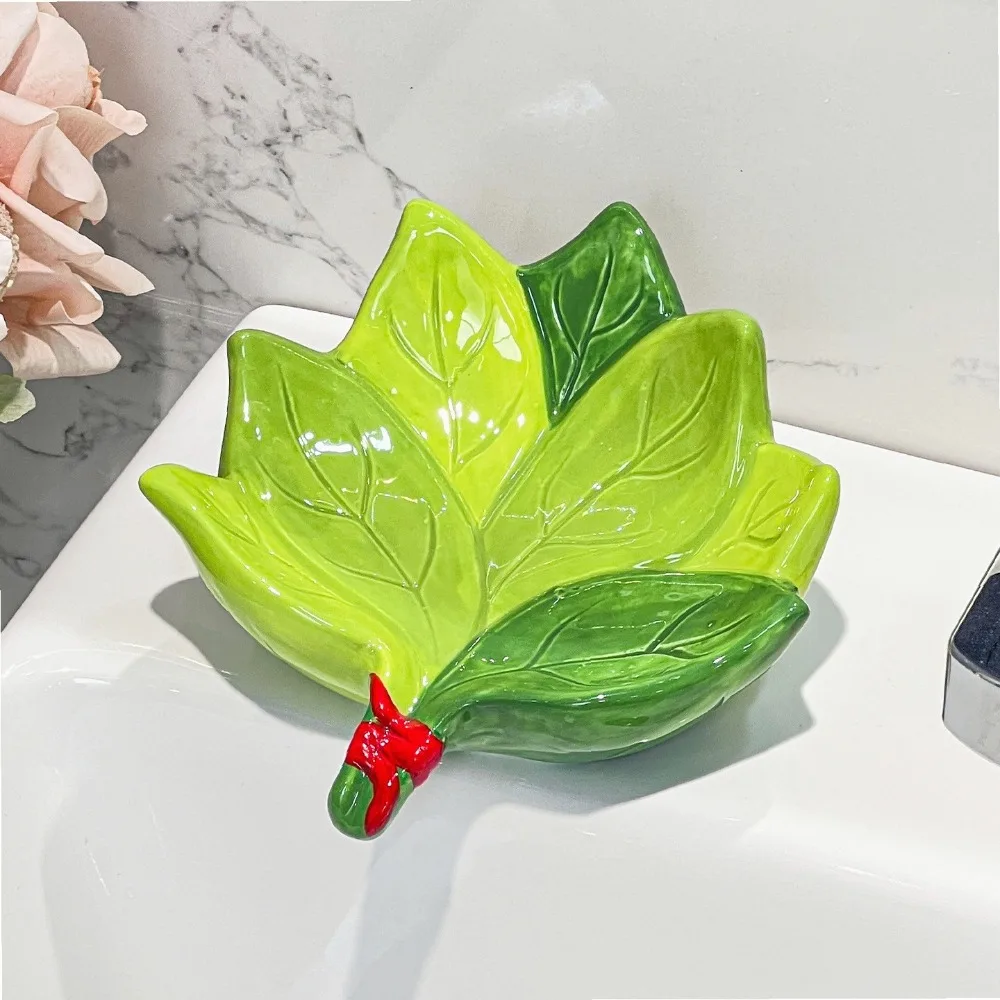 Creative Ceramic Soap Dish with Drainage - Yuzu Leaf Design Soap Holder for Bathroom Shower Home