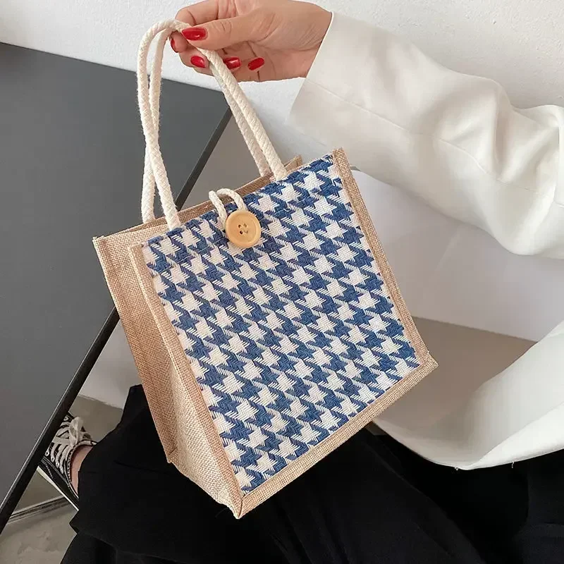 Houndstooth Lunch Bags Linen Fashion Ins Large Capacity Food Storage Tote Bag Functional Portable Travel Picnic Outdoor Lady New