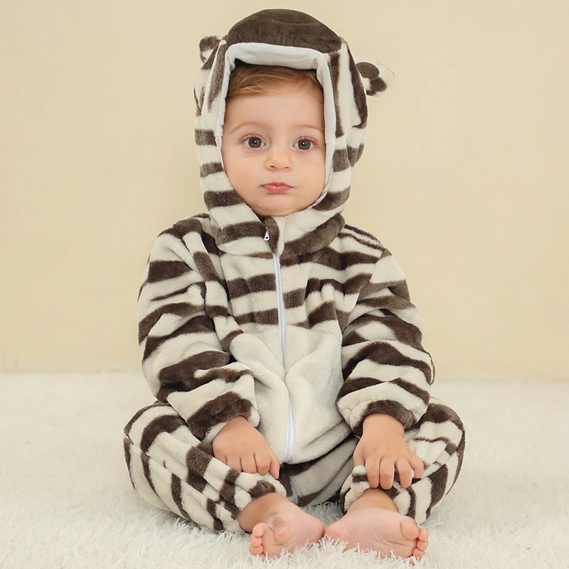 MICHLEY Halloween Cute Zebra Baby Rompers Winter Clothes Costume Flannel Hooded Bodysuits Pajamas Animals Jumpsuit For Girls Boy