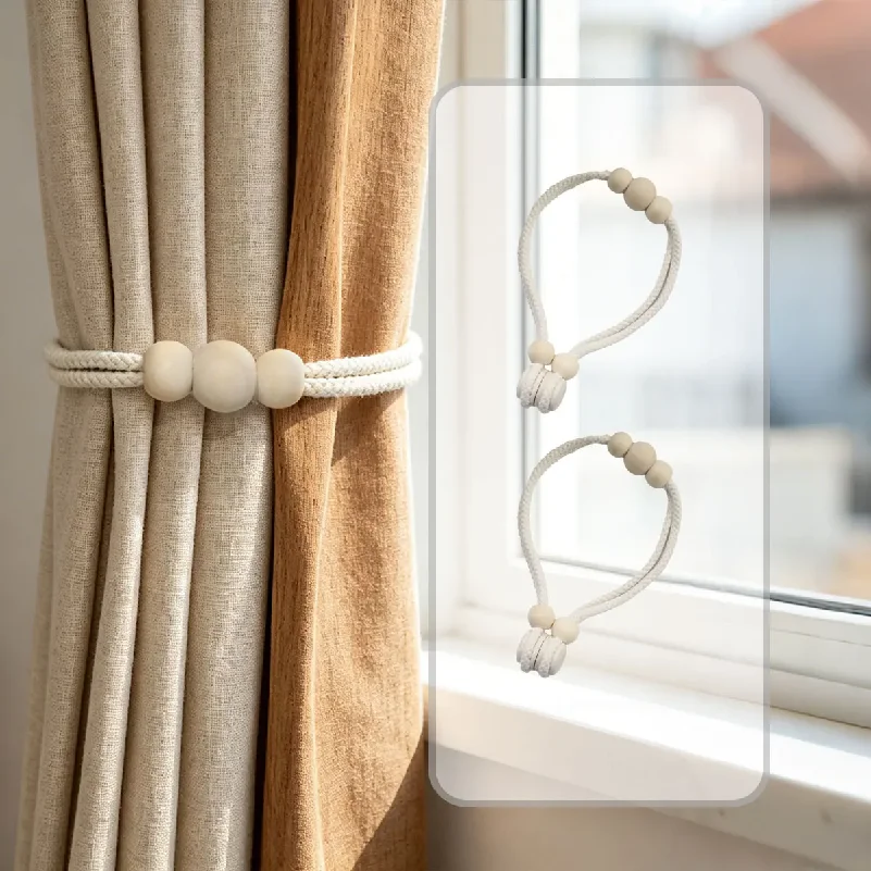 2pcs Magnetic Curtain Tiebacks with Natural Wood Beads, Braided Cotton Holdbacks for Nordic Home Decor