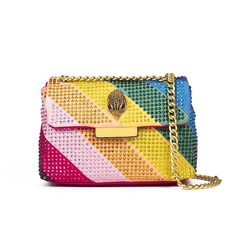 

Luxury Design Fabic Women Bag Crystal Embellishment Quilting Pattern Rainbow Patchwork Icon Metal Logo Jointing Purse