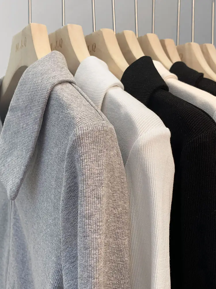 سترة نسائية محبوكة بياقة بولو وسحاب مزدوج قصيرة الطول لفصلي الربيع والخريف بتصميم عصري على الطراز الكوري ضيقة بلون واحد #2