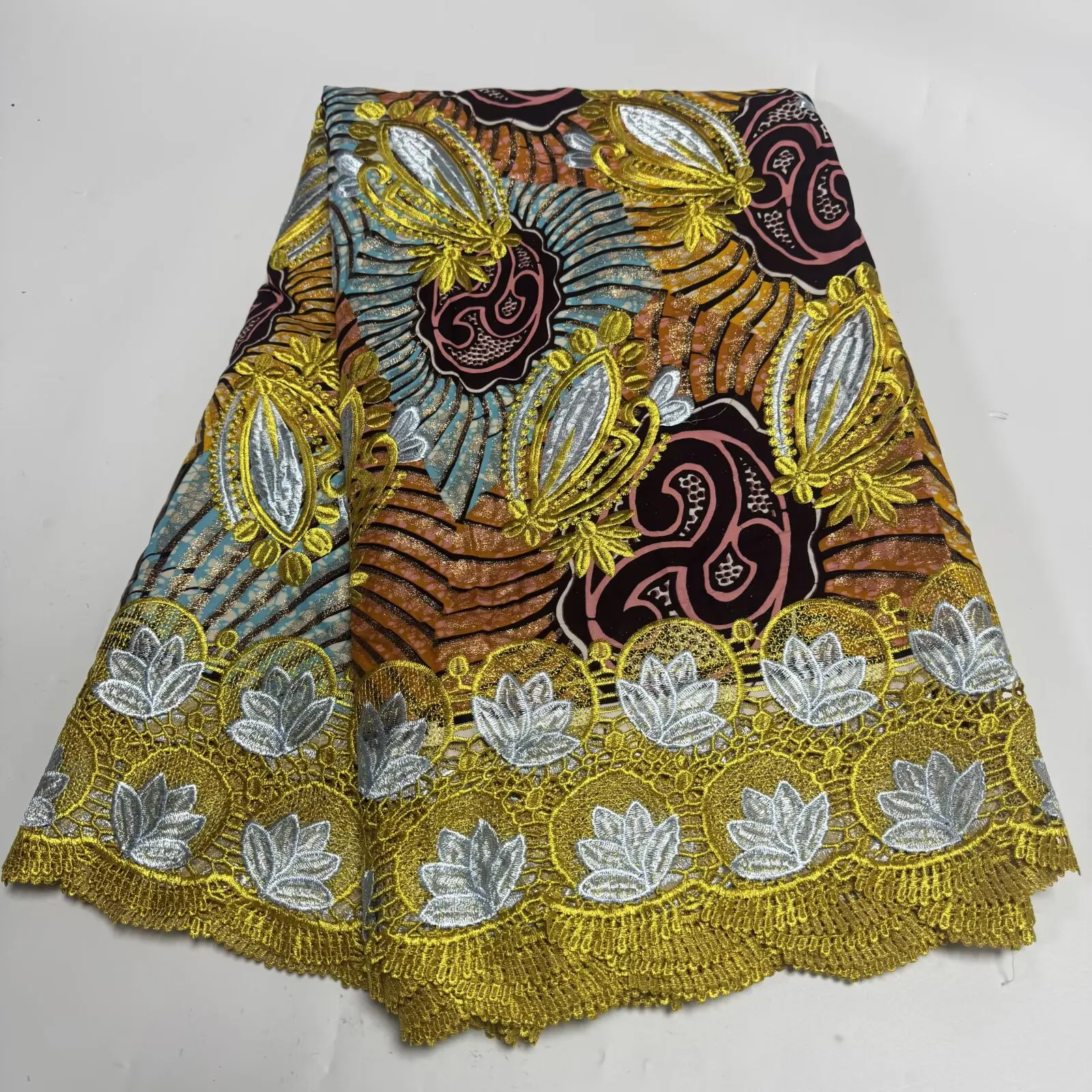 

6yards High Huality African Golden Wax Print 100% Cotton Soft Tissus Material with Embroidery Lace For Sewing Dress Z5-1129-2