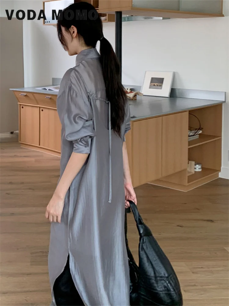 女性用ラペルネックシャツドレス,ランタンスリーブ3/4のミドル丈ドレス,ボタン付きのゆったりとしたカジュアルドレス,韓国のファッション,デザインセンス,2024