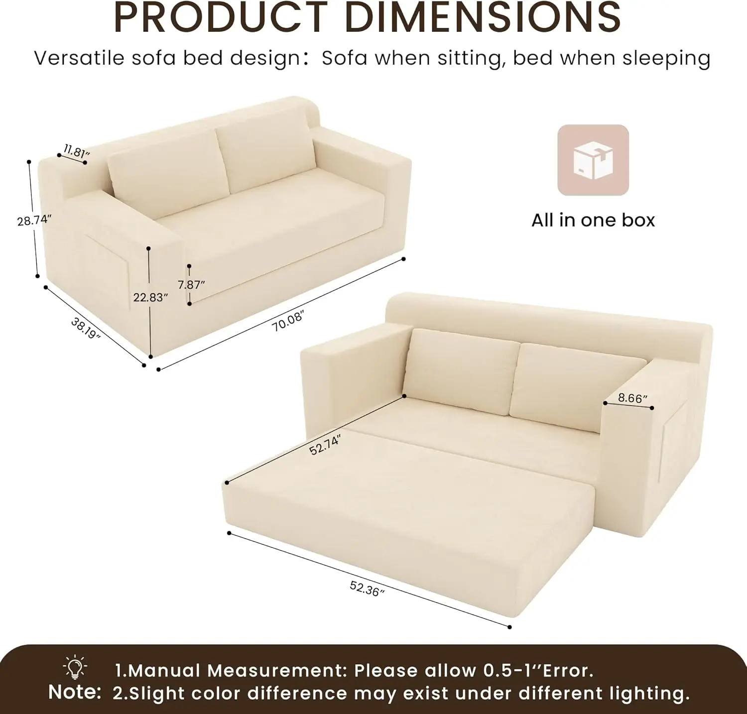 Divano Letto Senza Struttura da 71 Pollici, Divano Pieghevole 4 in 1 a 3 Posti per Soggiorno, Divano Cloud Senza Struttura con Tasca Portaoggetti e 2 Cuscini, Beige