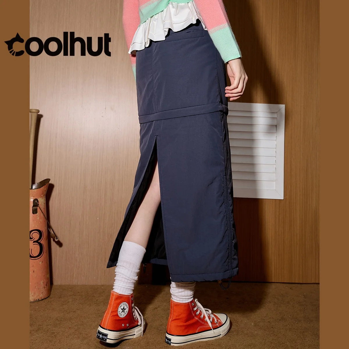 COOLHUT femmes utilitaire ourlet fendu jupe taille haute coupe droite hiver vêtements de travail Denim poches détachable automne hiver jupe
