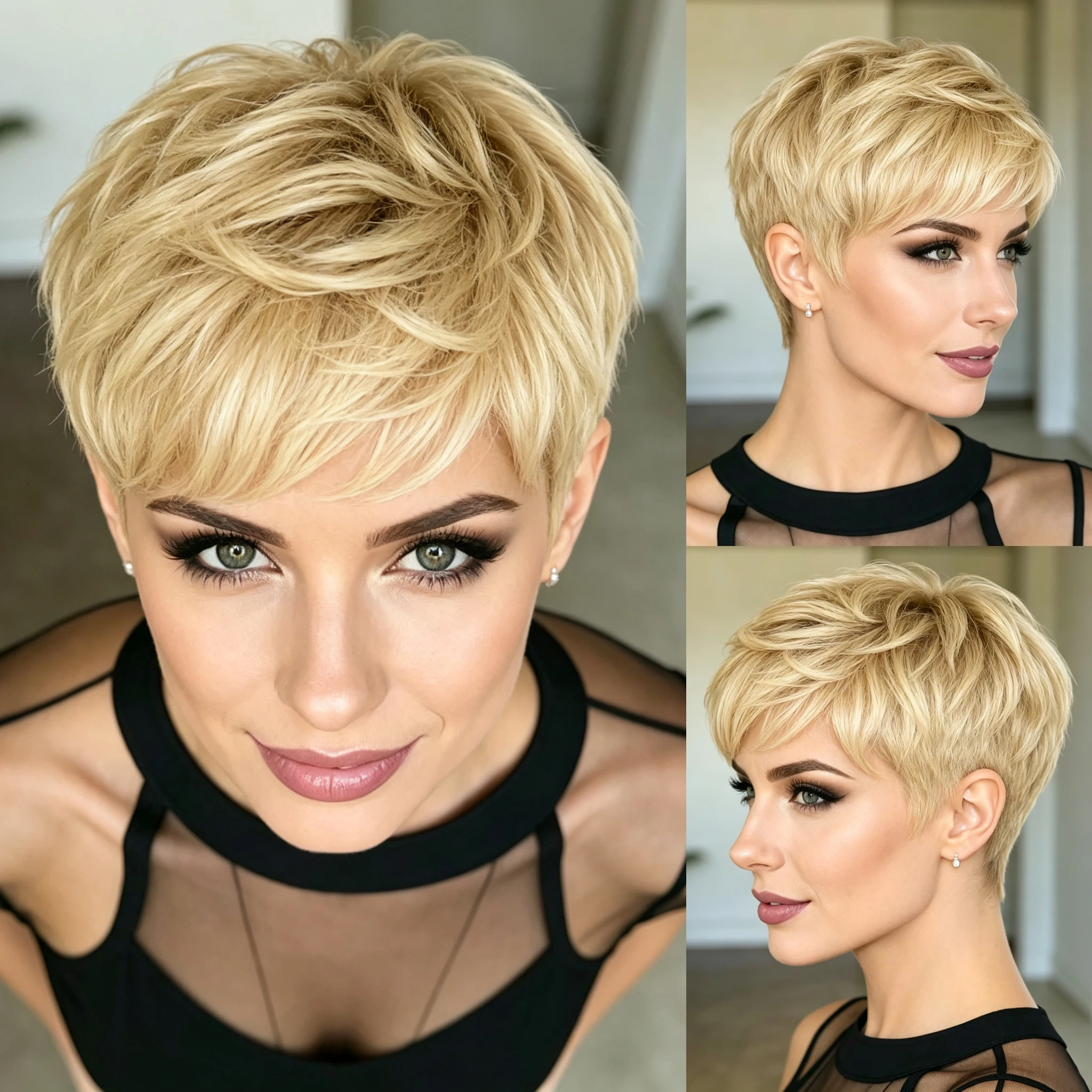 Human Hair Wig Blonde Short Layered Pixie Cut Wigs For Women Natural Looking Halloween Cosplay Daily Wear Full Machine Made