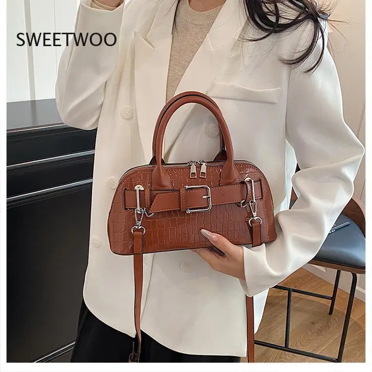 2026 New Womens Crocodile Embossed Pu Shell Handbag Belt Buckle Design Retro Crossbody Shoulder Bag for Daily Use