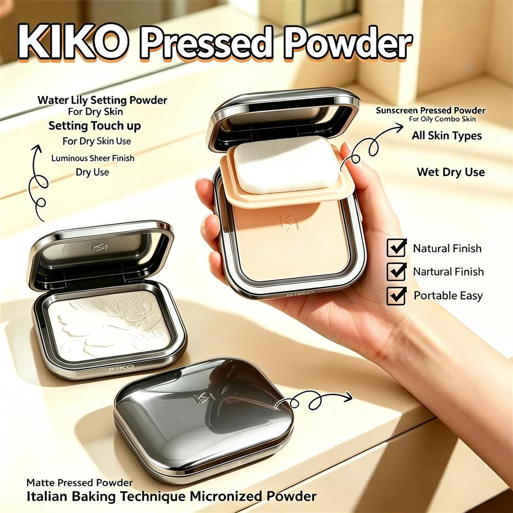 KIKO Invisible Touch Water Lily Setting Powder Luminous Shimmer Baked Face Powder for Dry Skin Natural Glow with Mirror and Puff