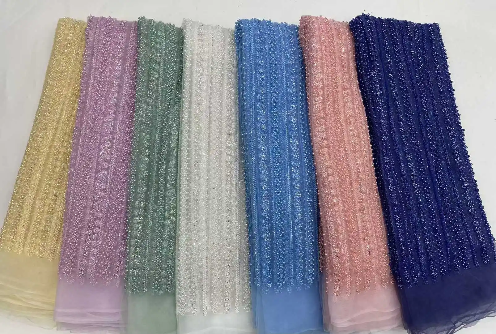 Latest Heavy African Beaded Lace Fabric 2026 High Quality French Sequins Lace Fabric Nigeria Mesh Tulle Fabric Wedding Dresses