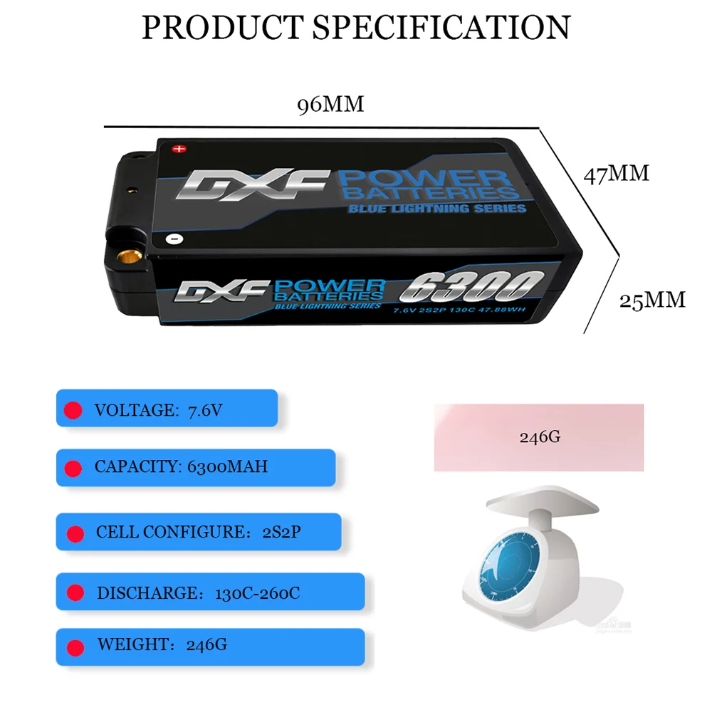 DXF 2S Shorty bateria Lipo 7.6V 130C 6300mAh 5mm Bullet Plug Hardcase do 1/10 Buggy Truggy samochód ciężarowy helikopter wyścigowy