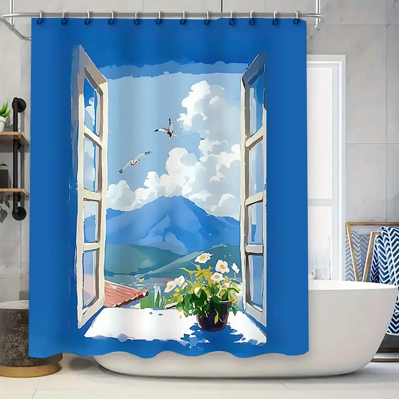 

Красивая синяя занавеска для душа с видом на окно, белые цветы, принт с птицами, улучшение декора ванной комнаты, переводная атмосфера, повышение пространства