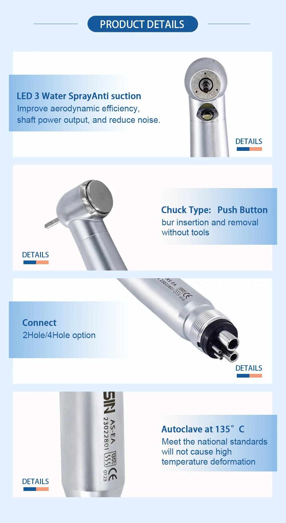 DEASIN Dental LED Hoch- und Niedriggeschwindigkeits-Handstück-Set, gerades und kontra-winkeliges Luftturbinen-Handstück mit 2/4 Anschlüssen, komplettes Dental-Handstück-Set – Detail 7