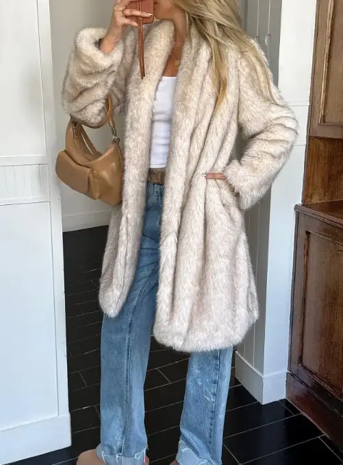 2025年秋冬 エレガントなプラッシュロングスリーブコート レディース服