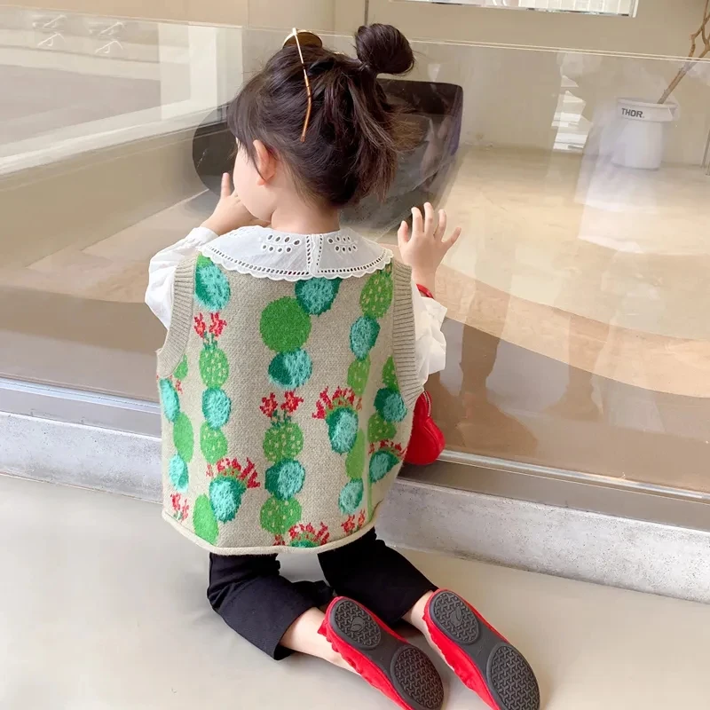 Baby Toddler Girls Flowear O Neck Sweater Vest Sleeveless Pullover Knitted Waistcoat Kids Loose Cute Knit Outerwear Coat 2-10 Y