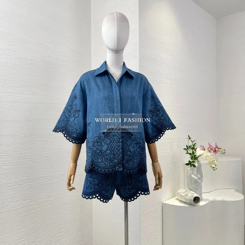 

2025 New Beach Style High Quality Pure Cotton Embroidery Lace-up Turn-down Collar Blouse and Shorts Women Outfit