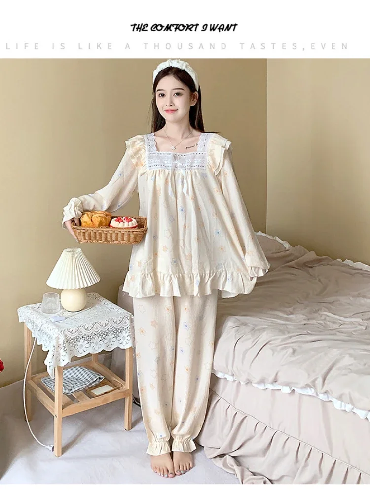 5XL Plus Size Women Korean Ins Sweet Pajama Outerwear Autumn Spring Long Sleeve Pullover Trousers Sleepwear Loose Home Clothes