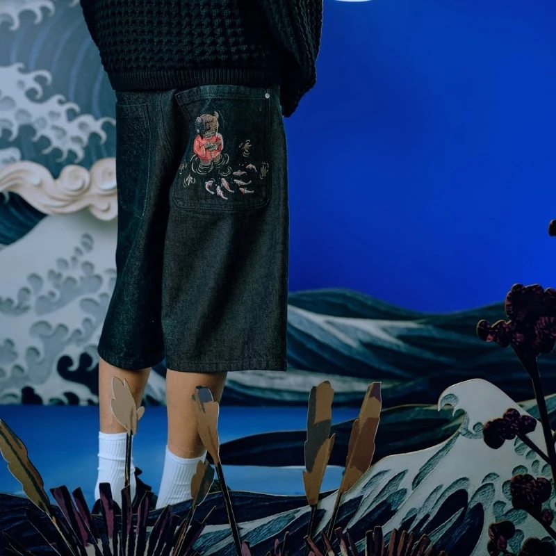 Y2K السراويل زهر الكرز Selvedge التطريز Harajuku فضفاض الدنيم السراويل الأمريكية الهيب هوب الشارع الشهير الرجال النساء السراويل غير رسمية