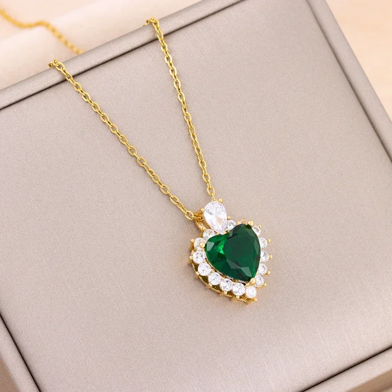 

New In Fashion Green Zircon Crystal Pendant Stainless Steel Necklaces For Women Trendy Retro Style Female Clavicle Chain Jewelry
