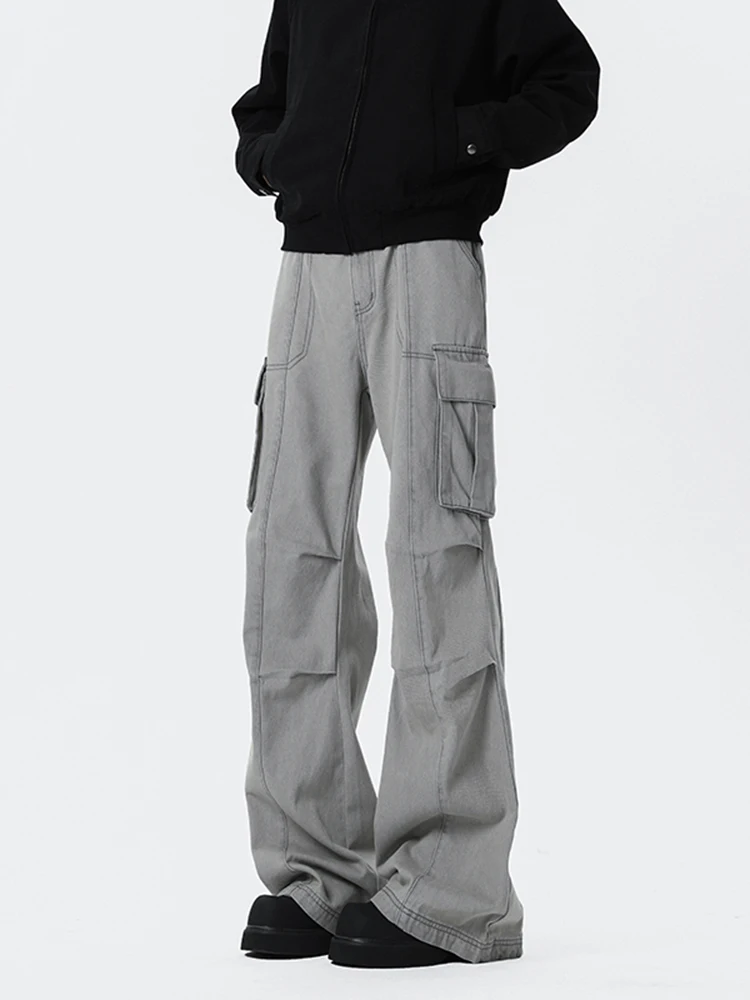

American Style Men's Workwear Denim Pants Autumn Winter High Street Vibe Multiple Pockets Pleated Wide Leg Long Trousers