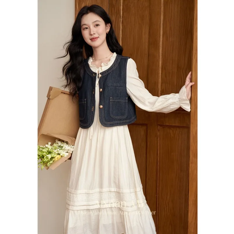 

Костюм во французском стиле для девочек, женский весенне-летний синий кардиган на металлических пуговицах, жилет с кружевным платьем трапециевидной формы, модный комплект из двух предметов