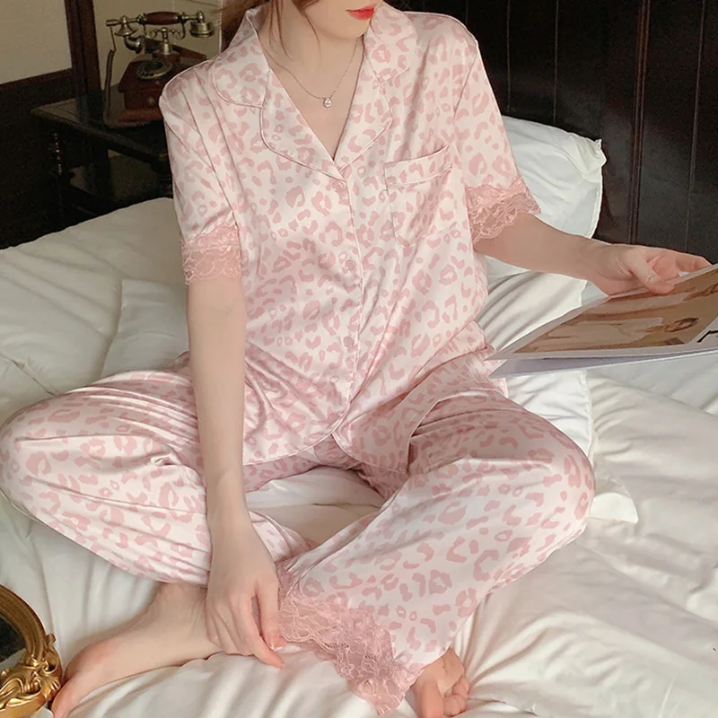 Pink Leopard Print Ice Silk Pajamas for Women Lace Sexy Home Clothes Short Sleeve Women\'s Pajamas Set Trousers Suit Nightwear