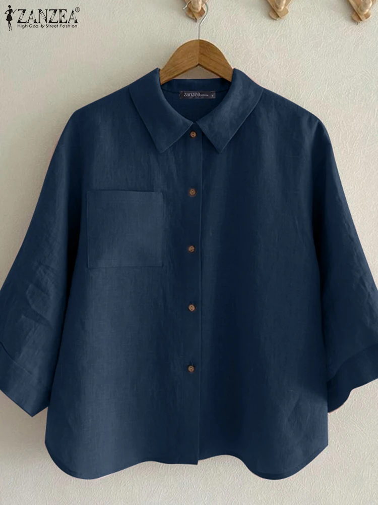 

Vintage Shirts ZANZEA Women Summer 3/4 Sleeve Cotton Blouse Fashion Work OL Tunic Tops Oversize Chemise Casual Lapel Neck Blusas