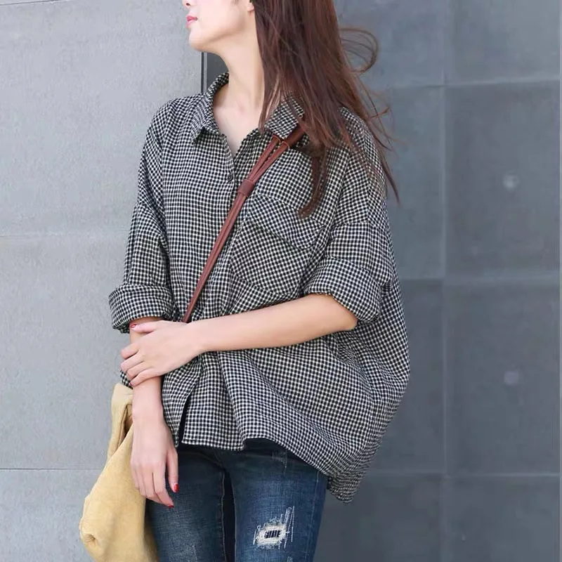 

Spring Cotton Plaid Women's irt Lazy Sle Design Sensation Retro Anti-aging Top Collar Long Sve Button up