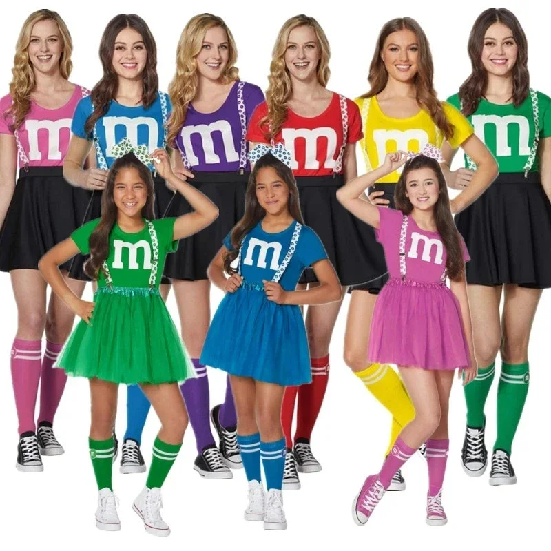 Adult Kids M & M's Costume Football Outfit Cheerleaders Uniform Dress Family Games Parents-Child Clothing Outfits