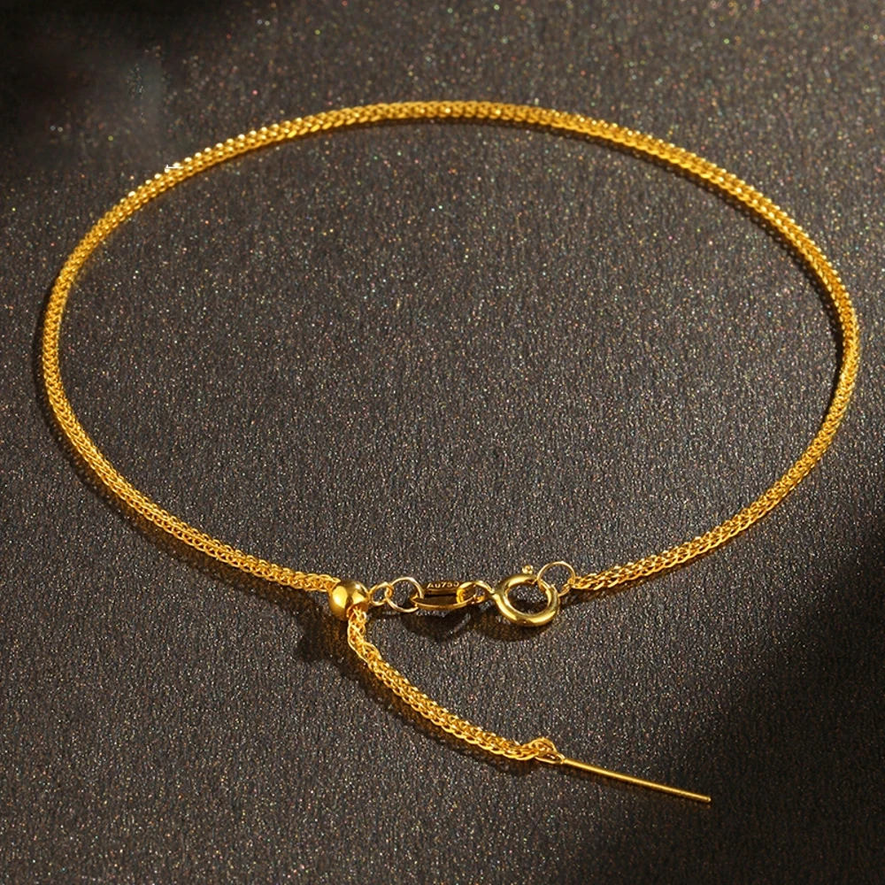 

Real Pure 18K Yellow Gold Chain Women Lucky 1.1mm Wheat Adjusting Needle Bracelet 15-24cm