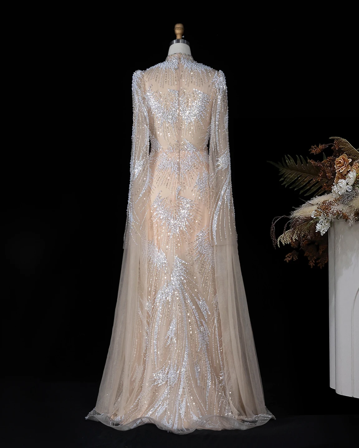 Sharon Said Abendkleider Elegantes Meerjungfrauen-Tüllkleid mit Hohem Kragen, Perlen und Cape-Ärmeln Dubai Formelles Party-Hochzeitskleid SS022 Maßanfertigung – Detail 6