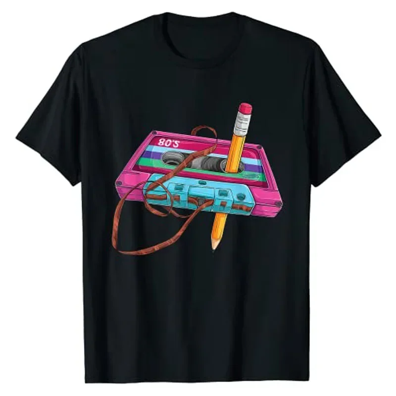 Funny 40th 50th 60th 70th Birthday Gift Graphic Tee 70's 80's 90's Vintage Cassette Tape Pencil Music Mixtape Printed T-Shirt