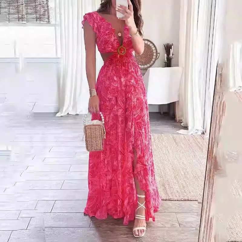 

2025 New European and American street fashion Printed Deep V Sexy Pleated Dress Bohemian style printed sexy pleated long dress