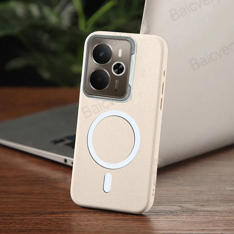 لـ Realme 14 5G / 14T غطاء منقوش من الجلد السيليكون الناعم مع ملصق مغناطيسي ذاتي اللصق