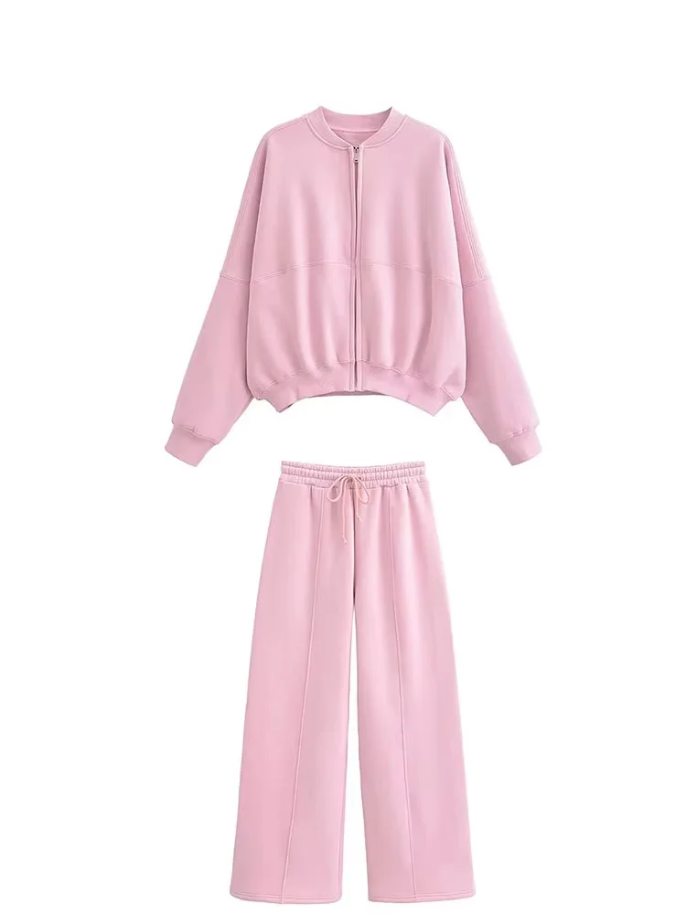 여성용 솔리드 스포츠웨어 세트 긴 소매 지퍼 봄버 재킷 코트 캐주얼 드로스트링 팬츠 가을 여성 Y2K 스웨트셔츠 세트