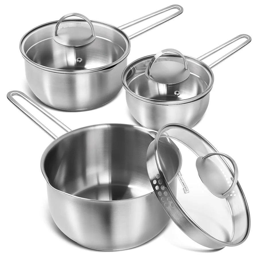 

Michelangelo 1 + 2 + 3qt проволочная ручка из нержавеющей стали, молочная кастрюля, вилка, керамическая крышка для посуды, кастрюля для соуса из нержавеющей стали, инструменты для приготовления пищи