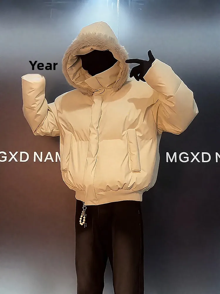 

White Lightweight Hooded down Cotton Jaet Men's Winter Design Detachable Fur Collar Stand Collar ort Bread Sle Coat